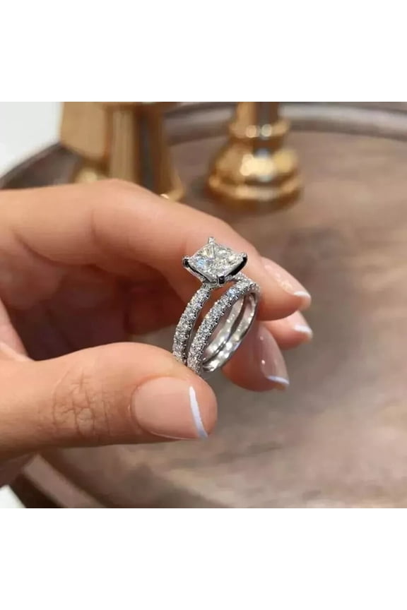 2.00 Ct Princes Cut Natural Moissanite Bridal Set Engagement Ring 14K White Gold Plated