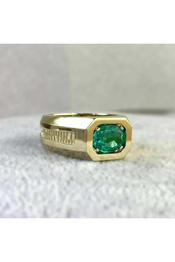 2Ct Oval Cut Simulated Green Emerald Solitaire Men's Engagement Ring 14K Yellow Gold Plated