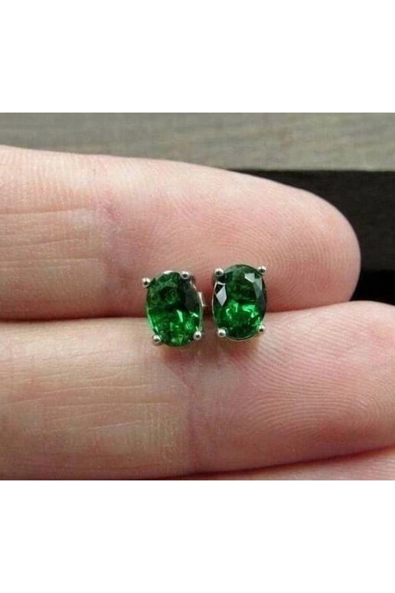 2Ct Oval Cut Simulated Green Emerald Women Solitaire Stud Earrings 14k White Gold Plated