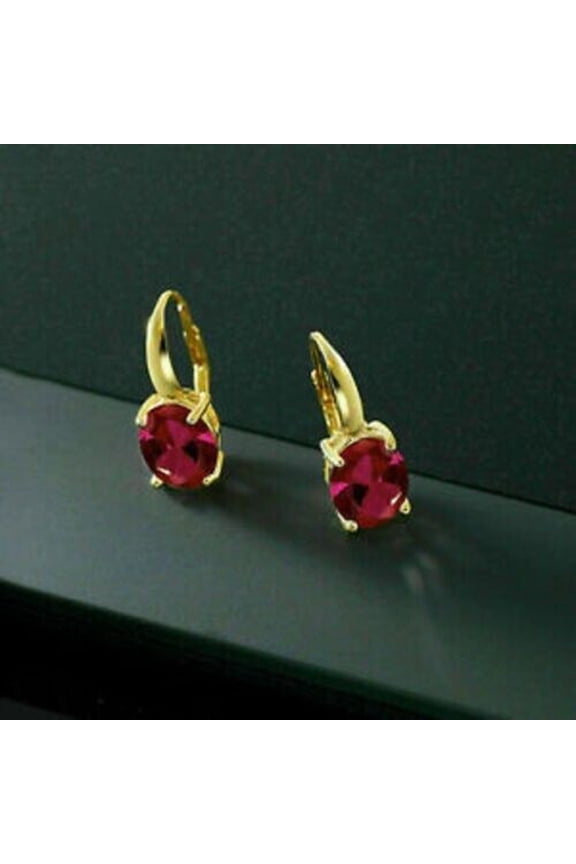 2Ct Oval Cut Simulated Red Ruby Women's Drop & Dangle Earring 14K Yellow Gold Plated
