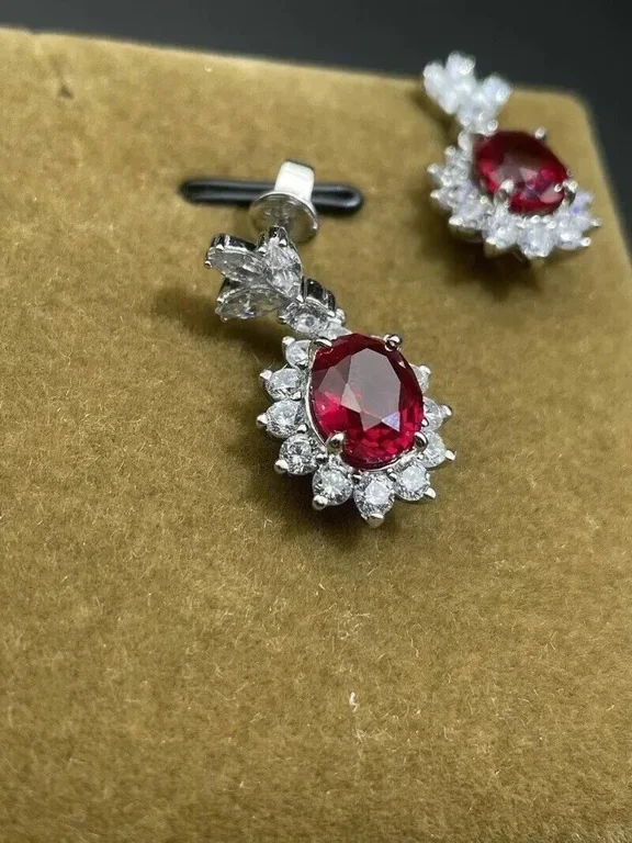 2Ct Oval Cut Simulated Red Ruby Women's Halo Drop/Dangle Earrings 14k White Gold Plated