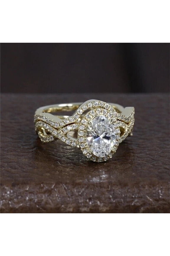 2Ct Oval Lab-Created Diamond Women's Bridal Ring Set 14K Yellow Gold Plated