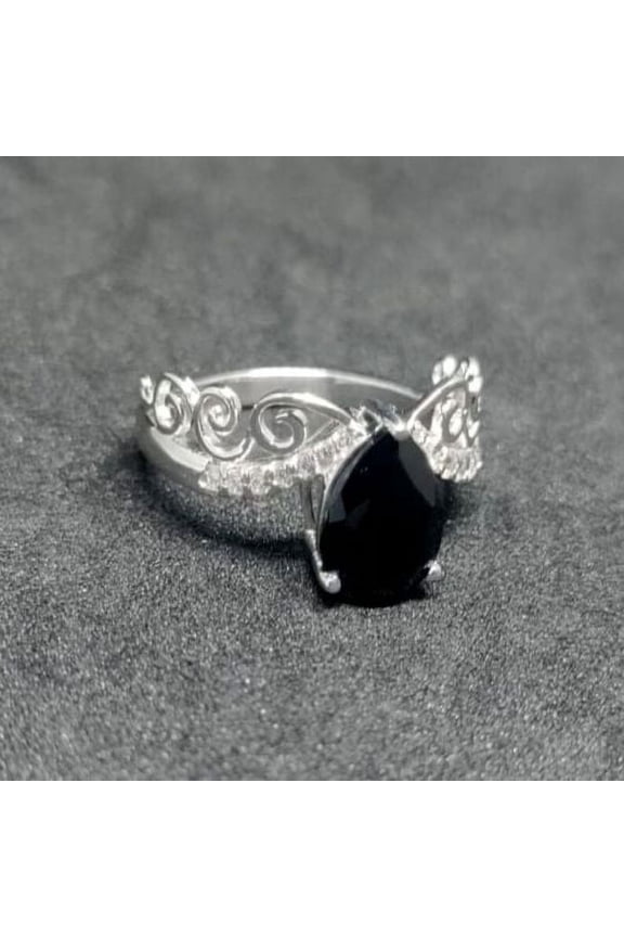 2Ct Pear Cut Black Spinel Crown Shape Engagement Ring 14k White Gold Plated