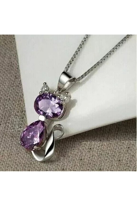 2Ct Pear Cut Lab-Created Amethyst Women Cat Pendant 14k White Gold Plated