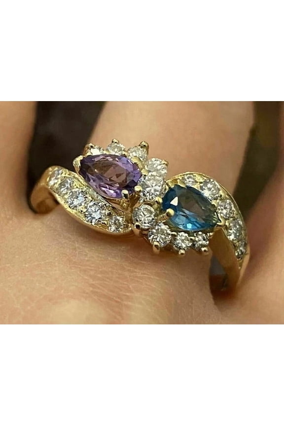 2Ct Pear Cut Lab Created Blue Topaz Amethyst Cluster Ring 14k Yellow Gold Plated