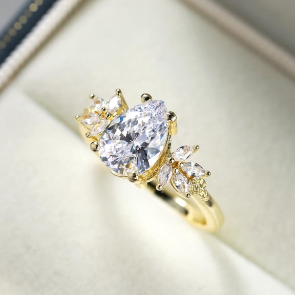 2Ct Pear Cut Real Moissanite Diamond Engagement Ring In 14K Yellow Gold Plated