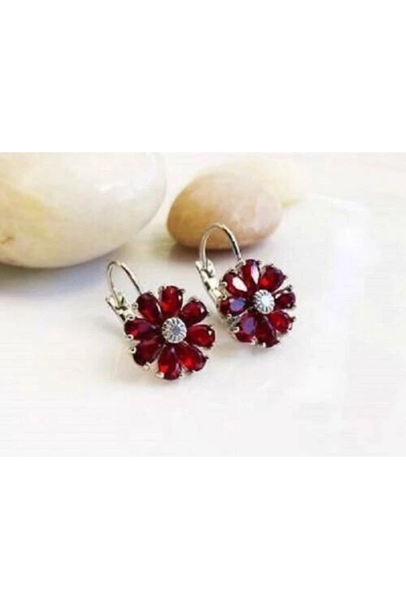 2Ct Pear Cut Lab Created Garnet Flower Drop/Dangle Earring 14K White Gold Plated