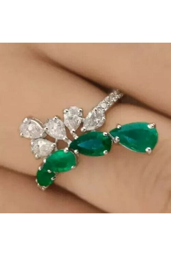 2Ct Pear Cut Lab-Created Green Emerald Bypass Women's Wedding Ring 14k White Gold Plated