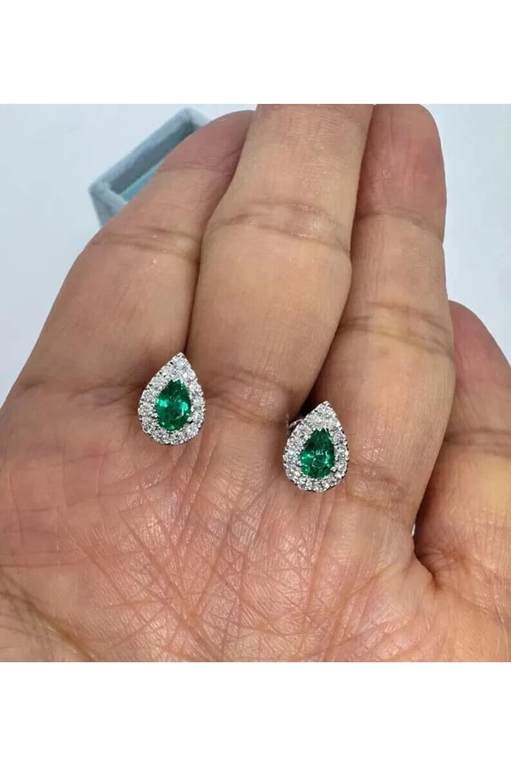 2Ct Pear Cut Lab Created Green Emerald & Diamond Halo Stud Earrings 14K White Gold Plated Silver
