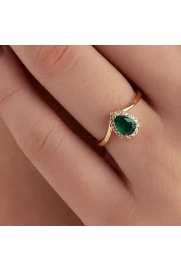 2Ct Pear Cut Lab-Created Green Emerald Women Engagement Ring in 14K Yellow Gold Plated