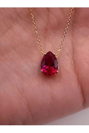 2Ct Pear Cut Lab-Created Red Ruby Pendant Necklaces 14K Yellow Gold Plated