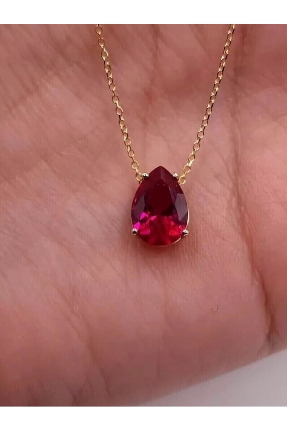 2Ct Pear Cut Lab-Created Red Ruby Pendant Necklaces 14K Yellow Gold Plated