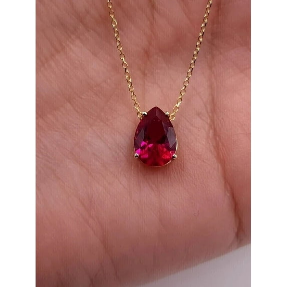 2Ct Pear Cut Red Ruby 14K Yellow Gold Plated 4 Prong Solitaire Pendant Necklace 18"