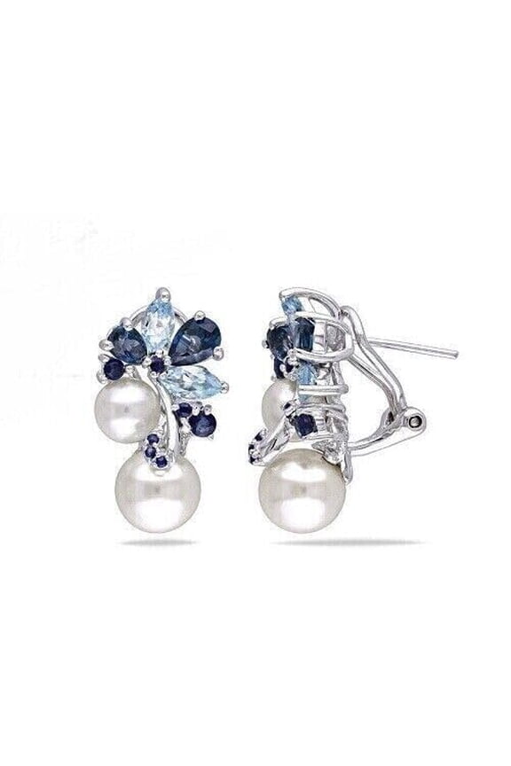 2Ct Pear Cut Simulated Blue Sapphire & Pearl Drop Dangle Earrings 14K White Gold Plated 925 Silver