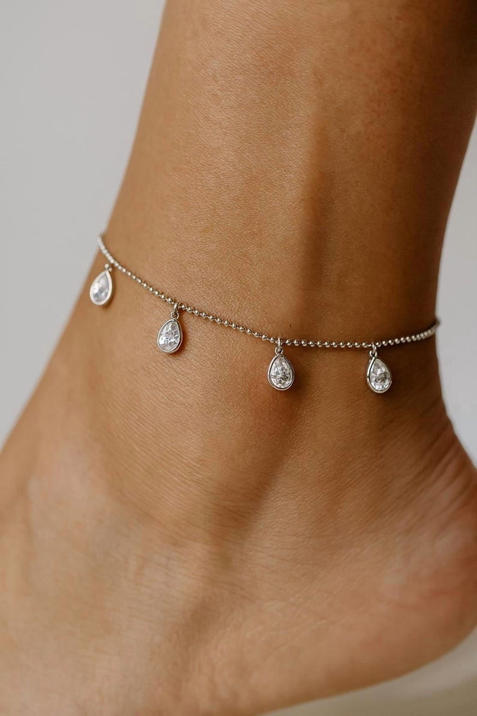 2Ct Pear Cut Simulated Diamond Chain Women's Teardrop Fancy Anklet 14K White Gold Plated 8"in 925 Sterling Silver