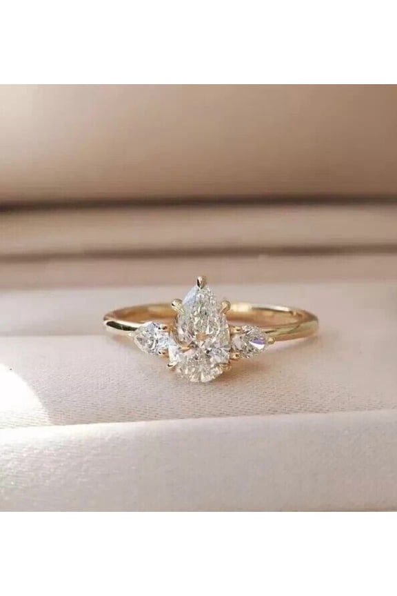 2Ct Pear Cut Simulated Diamond Women's Fancy Three Stone Ring 14K Yellow Gold Plated