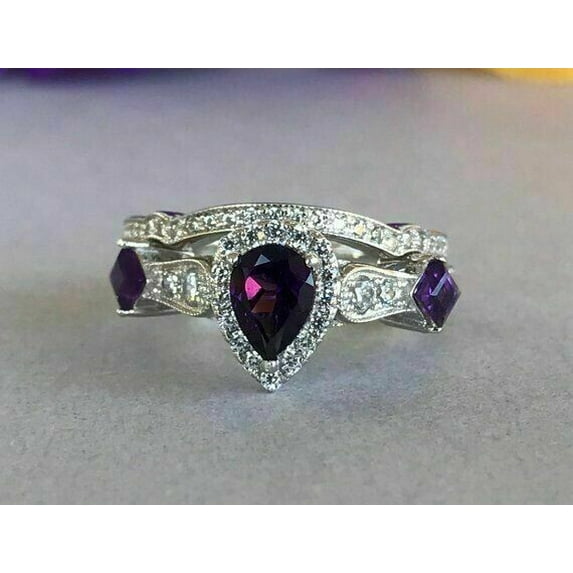 2Ct Pear Cut Simulated Purple Amethyst Halo Bridal Set Ring In 14k White Gold Plated Pure 925 Sterlng Silver