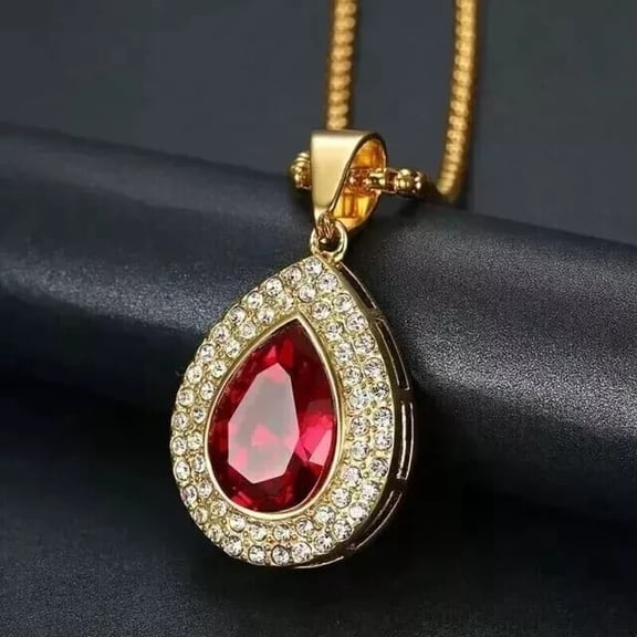 2Ct Pear Cut Simulated Red Ruby Women's Gift Halo Pendant 14K Yellow Gold Plated 18"inch
