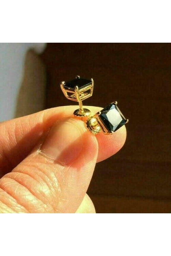 2Ct Princes Cut Black Diamond Solitaire Stud Earrings 14K White Gold Plated