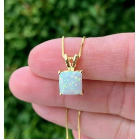 2Ct Princess Cut Fire Opal Solitaire Pendent 14K Yellow Gold Over Free chain