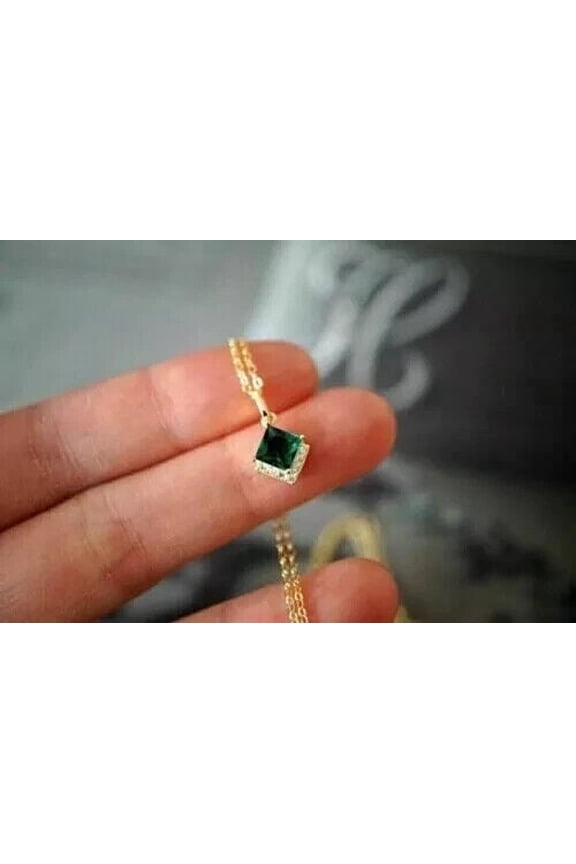 2Ct Princess Cut Green Emerald Lab-Created Pendant 14K Yellow Gold Plated