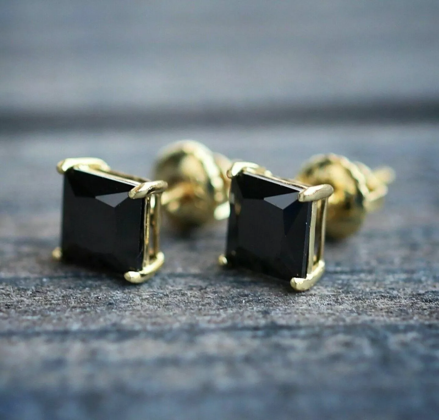 2Ct Princess Cut Lab-Created Black Diamond Women's Men's Stud Earrings 14K Yellow Gold Plated