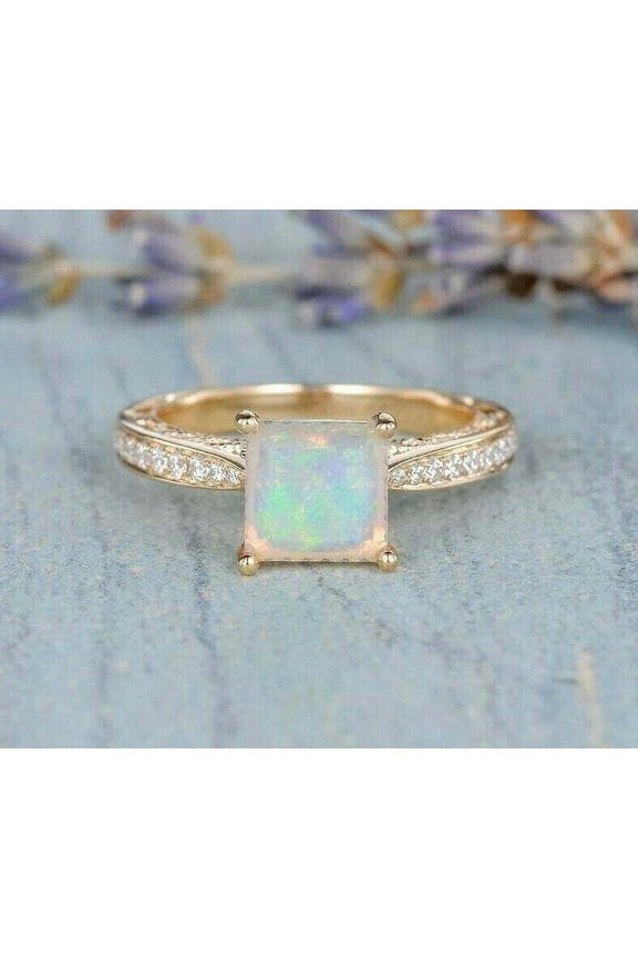 2Ct Princess Cut Lab Created Fire Opal Engagement Ring 14K Yellow Gold Plated Solid 925 Sterling Silver