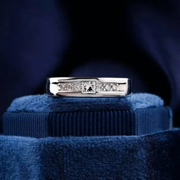 2Ct Princess Cut Simulated Diamond Men's Band Engagement Ring 14K White Gold Plated 925 Silver