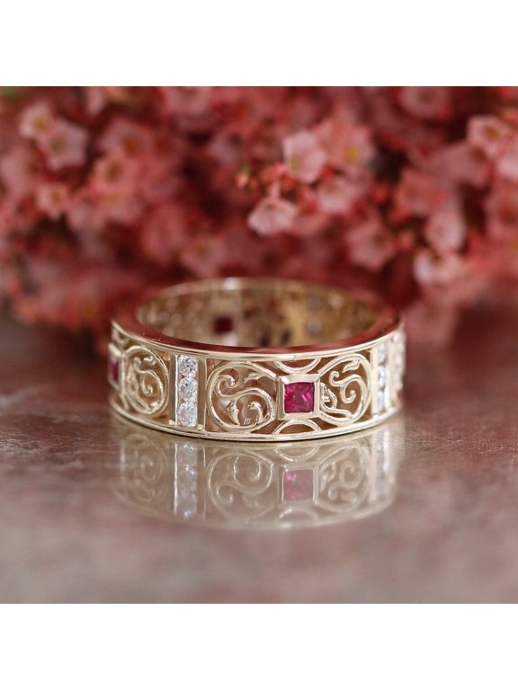 2Ct Princess Cut Simulated Pink Ruby 925 Silver Band Ring In 14k Yellow Gold Plated