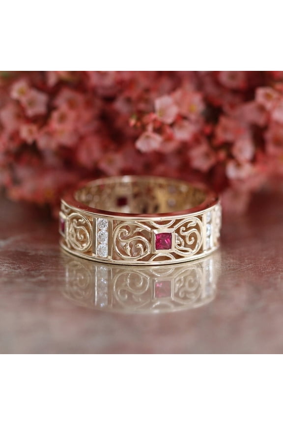 2Ct Princess Cut Simulated Pink Ruby 925 Silver Band Ring In 14k Yellow Gold Plated