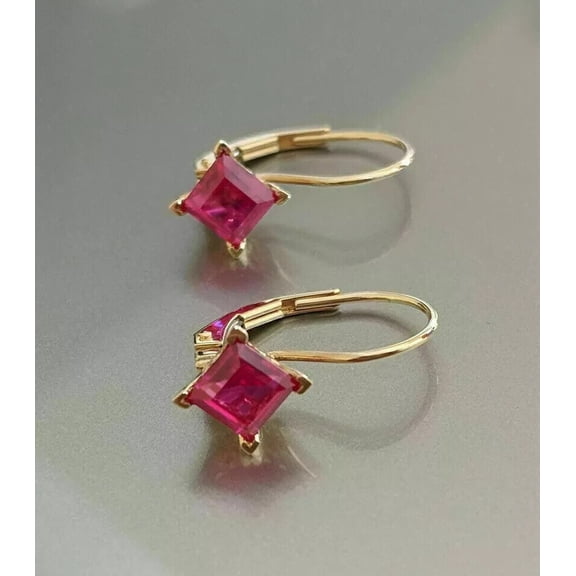 2Ct Princess Lab Created Ruby Lever Back Hoop Earrings 14K Yellow Gold Plated