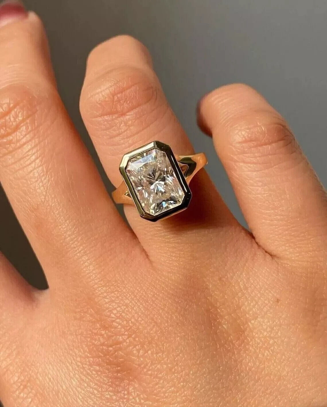 SAMAYA 2Ct Radiant VVS1 Moissanite Solitaire Bezel Set Engagement Ring 14K Gold Plated