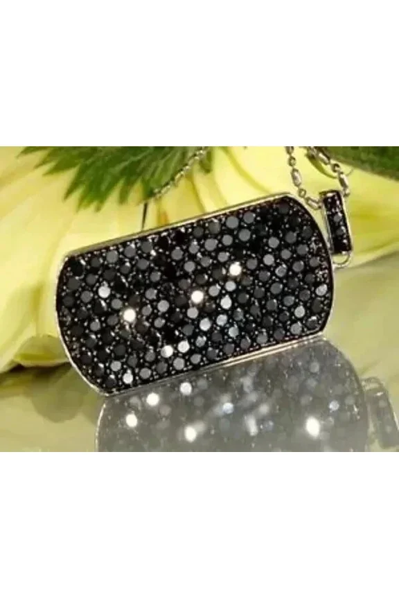 2Ct Round-Cut Black Lab Created Men's Dog Tag Pendant 14k White Gold Plated