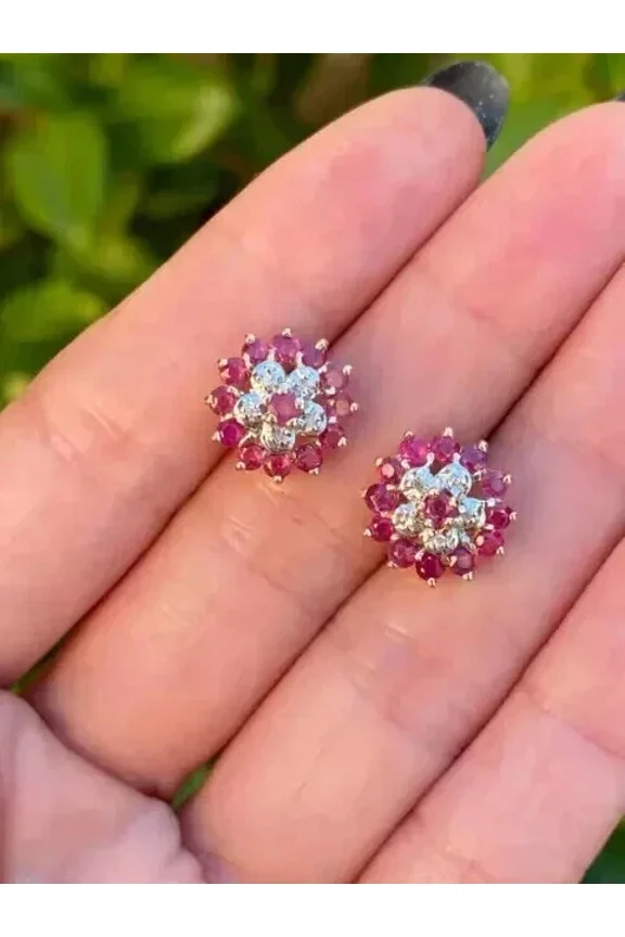 2Ct Round Cut Halo Lab Created Red Ruby Stud Earrings 14k Yellow Gold Plated