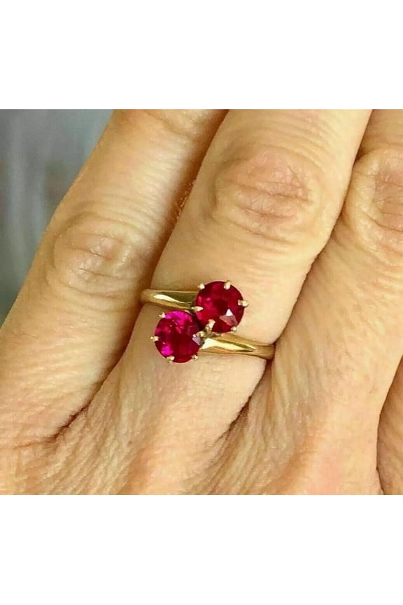 2Ct Round Cut Lab Created 14K Yellow Gold Plated Red Ruby Womens Two Stone Ring