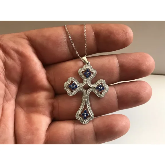 2Ct Round Cut Lab Created Blue Sapphire Cross Pendant 14K White Gold Plated