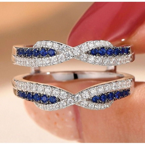 2Ct Round Cut Lab Created Blue Sapphire Diamond Wedding Enhancer Ring Band Ring 14K White Gold Plated 925 Silver