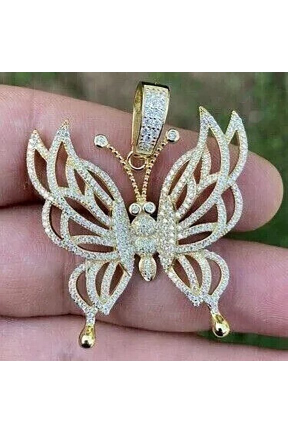 2Ct Round Cut Lab Created Diamond Butterfly 925 Silver Women Charm Pendant 14k Yellow Gold Plated 18" Chain