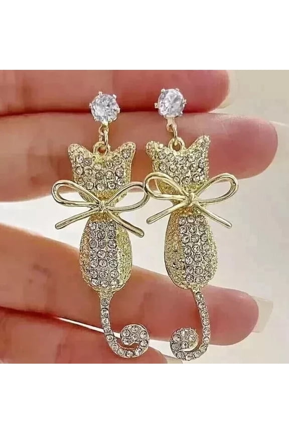 2Ct Round Cut Lab Created Diamond Cat Drop Dangle Earrings 14K Yellow Gold Plated