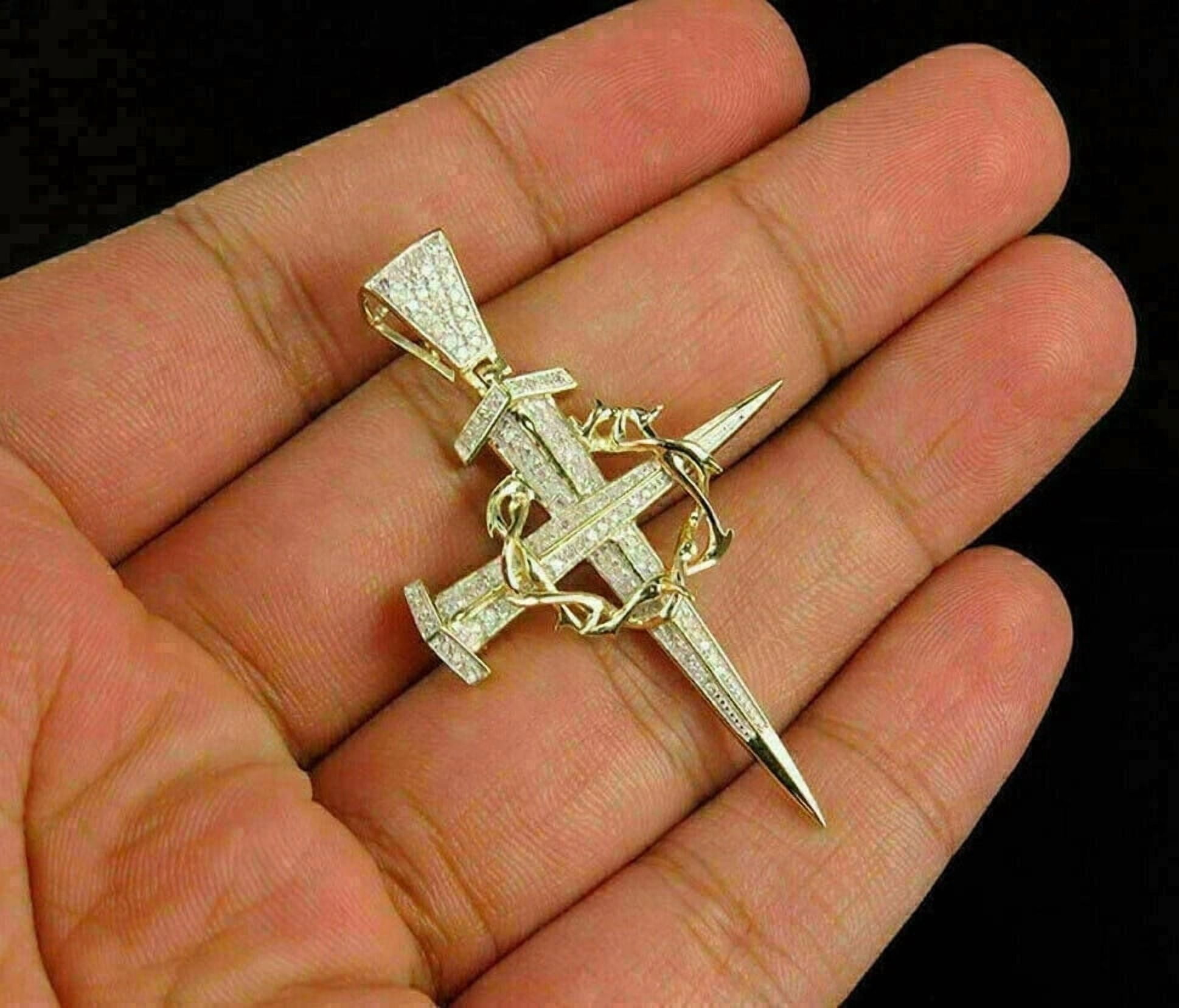 2Ct Round Cut Lab Created Diamond Charm Nail Cross Pendant 14K Yellow Gold Finish