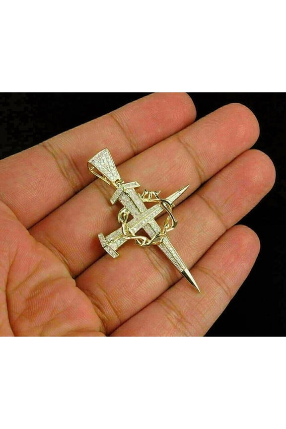 2Ct Round Cut Lab Created Diamond Charm Nail Cross Pendant 14K Yellow Gold Finish