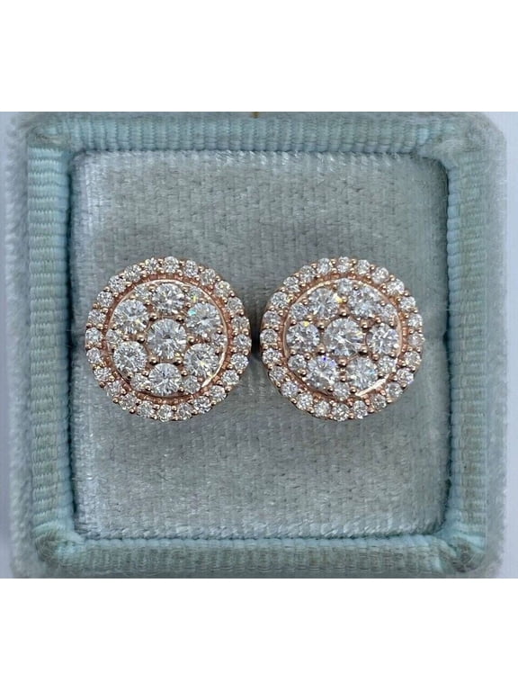 2Ct Round Cut Lab Created Diamond Cluster Stud Earrings 14K Rose Gold Plated Silver