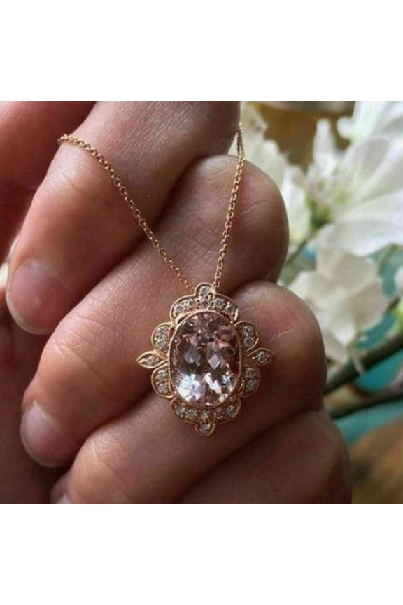 2Ct Oval Lab Created Morganite Women Wedding Halo Pendant 14K Rose Gold Plated