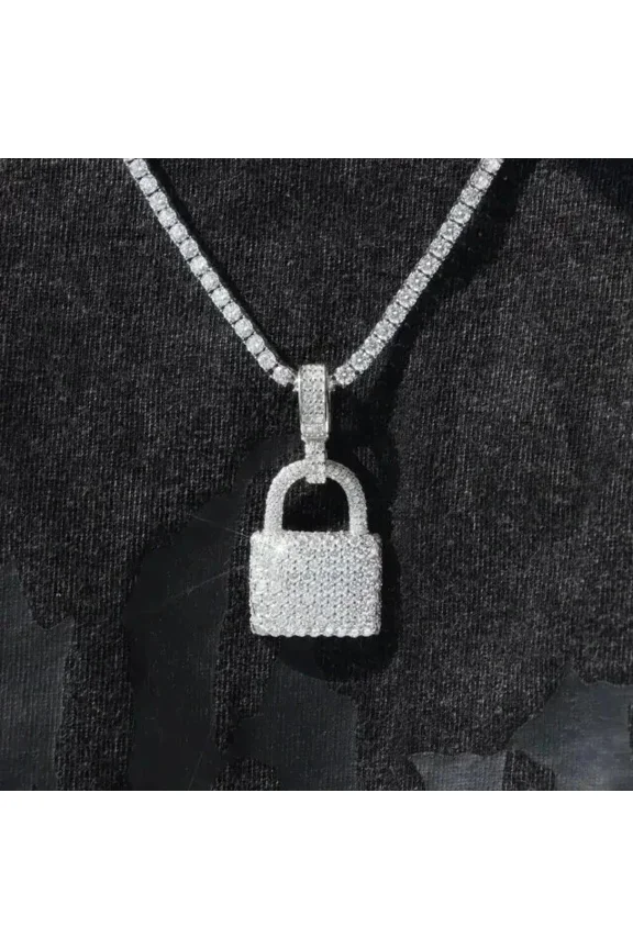 2Ct Round Cut Lab Created Diamond Mens Lock Pendant 14k White Gold Plated Silver