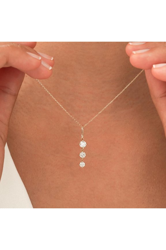 2Ct Round Cut Lab Created Diamond Three Stone Necklace Pendant 14K Yellow Gold Plated