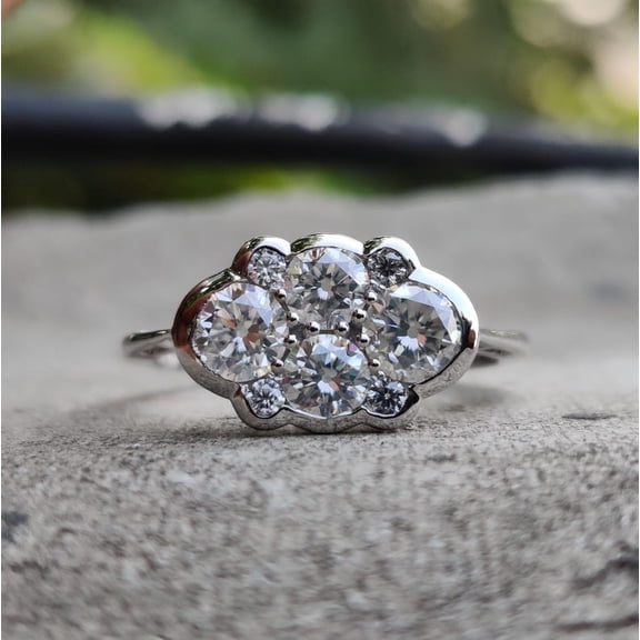 2Ct Round Cut Real Moissanite Diamond Women Cluster Engagement Ring 14K Yellow Gold Plated