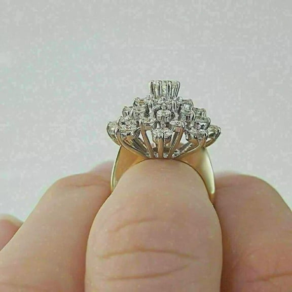 2Ct Round Cut Real Moissanite Diamond Women Cluster Engagement Ring 14K Yellow Gold Plated