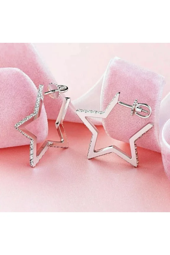 2Ct Round Cut Lab Created Diamond Women's Star Stud Hoop Earrings in 14k White Gold Plated