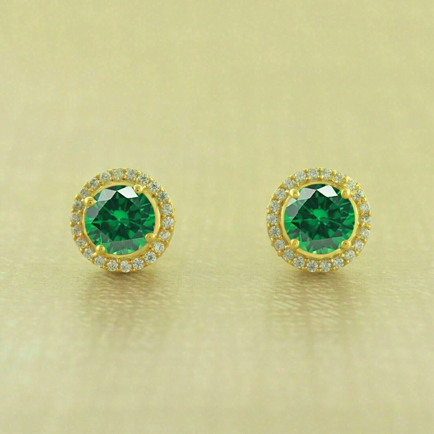 NEW LATEST ENTERPRISES 2Ct Round Cut Lab Created Green Emerald Halo Stud Earrings 14k Yellow Gold Plated