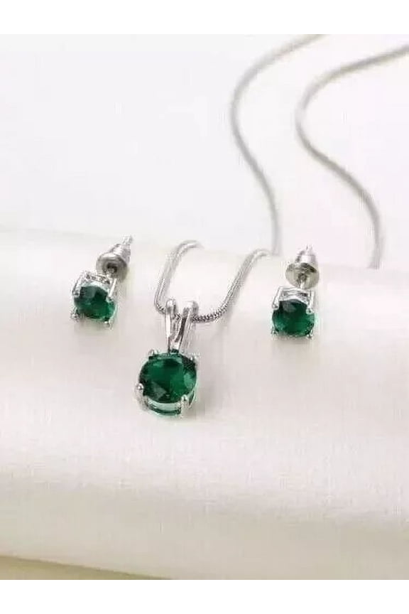 2Ct Round Cut Lab-Created Green Emerald Women's Mix Jewelry Set 14K White Gold Plated